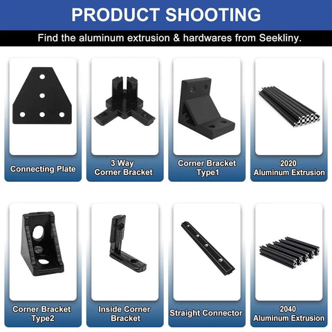 Assorted aluminum hardware including Eight Piece 2040 Corner Bracket T Shaped 12 Hole Connector For Aluminum Extrusion Hardware Black Kit With Nuts Screws And Wrench ideal for modular builds.