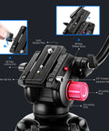 Close-up of Beefy Heavy Duty Aluminum Video Tripod 360 Degree Fluid Drag Head with quick release plate and locking knobs.