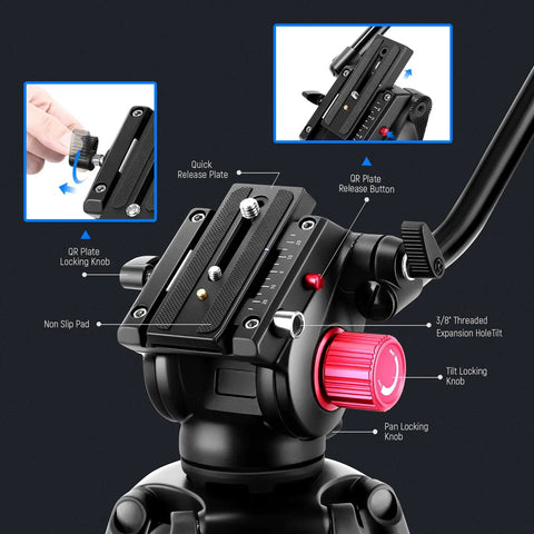 Close-up of Beefy Heavy Duty Aluminum Video Tripod 360 Degree Fluid Drag Head with quick release plate and locking knobs.