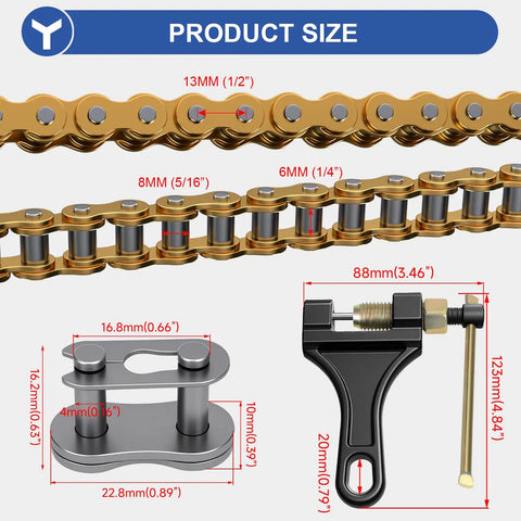 420 Chain Replacement, 132 Links, Heavy Duty for 50cc to 150cc Mini Bikes ATVs Dirt Bikes with size specifications and breaker tool.