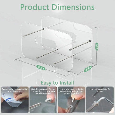 Product dimensions and installation steps for Round And Square Plate Dispenser And Storage Organizer For 7 To 12 Inch Disposable Plates