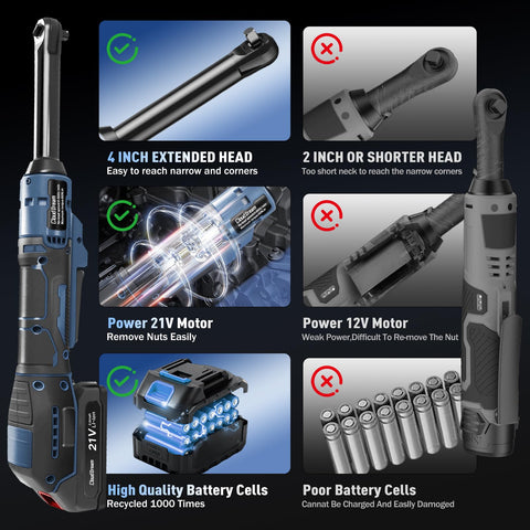 Three Eighths Inch Cordless Electric Ratchet Wrench For Auto Repair With 60 Nm Torque Beefed-Up Extended Kit