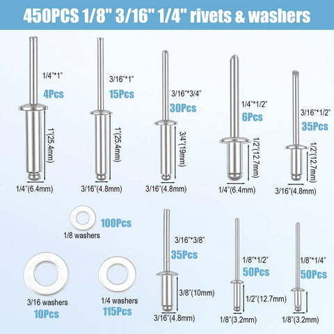 450 Pcs 304 Stainless Steel Pop Rivets With Washers Kit In 8 SAE Sizes Including 1/8 Inch 3/16 Inch And 1/4 Inch Blind Rivets