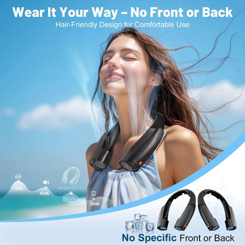 Woman wearing Portable Neck Fan With 6 Speeds And 8000mAh Battery, Rechargeable Hands Free Personal Cooling On The Go, Up To 20 Hours Of Breeze