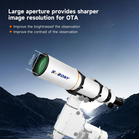 102mm F7 Refractor Telescope for Adults with Extra Low Dispersion Optics, shown with dual-speed focuser under night sky.