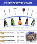Display of Must-Have Rotary Tool Bits Kit For Dremel And Other Brands, showing universal copper collets and tool accessories.