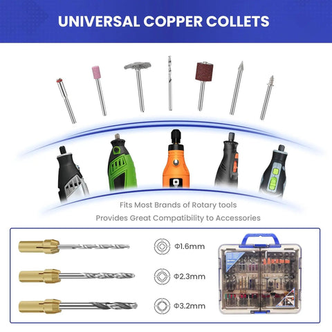 Display of Must-Have Rotary Tool Bits Kit For Dremel And Other Brands, showing universal copper collets and tool accessories.