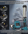 2000 Lumen LED Work Light With 25W Flood Beam, 18V LXT Battery Compatible; demo of 90-degree tilt with various compatible batteries