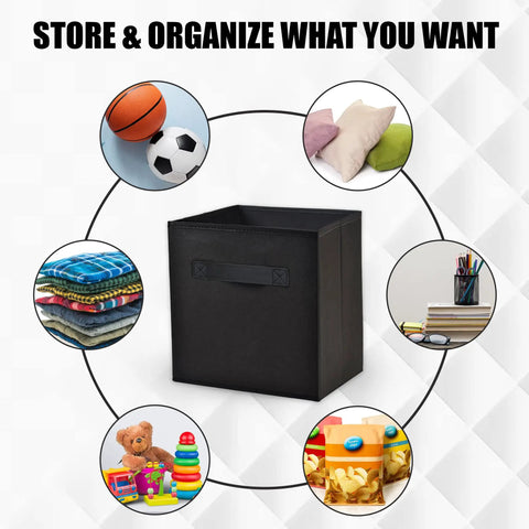 Durable Fabric 11 Inch Cube Storage Bins 8 Pack With Handles Foldable Cubby Organizer storing various items, black