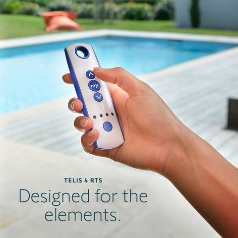 Person holding Telis 4 RTS Patio Remote 5 Channel Replacement For Outdoor Blinds And Shades With Programmable My Function All Weather Durable Weatherproof Remote Control In Blue And Gray Finish Model 1810645 by pool.