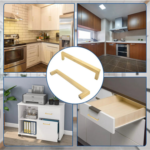 6 Pack Brushed Gold Cabinet Pulls Square Dresser Handles 5 Inch Center To Center Stainless Steel Cabinet Hardware in modern kitchens and vanities.