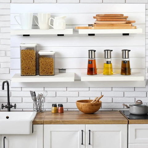4 Pack Wooden Slatwall Shelves With 8 Metal Hooks Built To Last And Garage Ready For Quick Setup In Your Home Or Workshop With 16.1 Inch Deep 6.7 Inch Wide And 1.1 Inch High Slatwall Organizer Set For Garage And Workbench Storage installed in kitchen with utensils displayed.