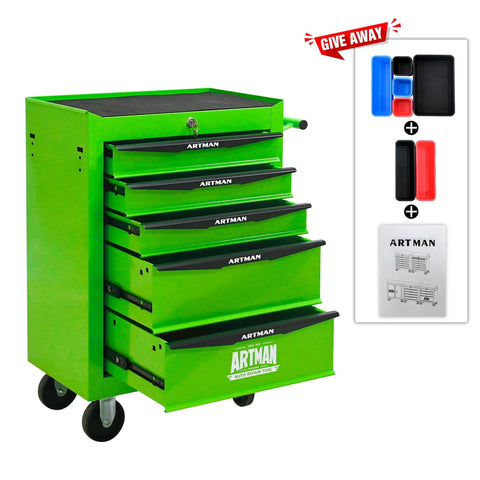 Heavy Duty 21 Inch Rolling Tool Cart With Lockable Steel Storage Cabinet And Slick Glide Ball Bearing Casters For Rapid Garage Workflow In Fresh Green, features drawers and tools.