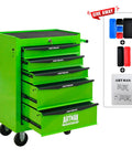 Heavy Duty 21 Inch Rolling Tool Cart With Lockable Steel Chest And Smooth Ball Bearing Slides And Wheel Brakes To Keep It Steady For Top Shelf Tough Garage Workshop Storage, green with five drawers and handle.
