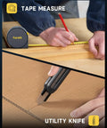 Top Shelf All In One Electric Screwdriver Rig With Claw Hammer Combo Wrench Long Nose Pliers Flexible Tape Measure Utility Knife Plus Assorted Bits And Hex Keys For Serious Weekend Warrior Builders showing tape measure and utility knife in use.
