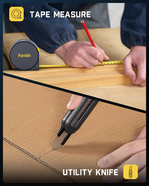 Top Shelf All In One Electric Screwdriver Rig With Claw Hammer Combo Wrench Long Nose Pliers Flexible Tape Measure Utility Knife Plus Assorted Bits And Hex Keys For Serious Weekend Warrior Builders showing tape measure and utility knife in use.