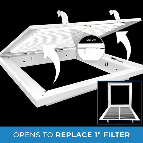 24 By 10 Steel Return Air Filter Grille For 1 Inch Filter With Removable Face Door Built Like A Tank shown open with latch detail