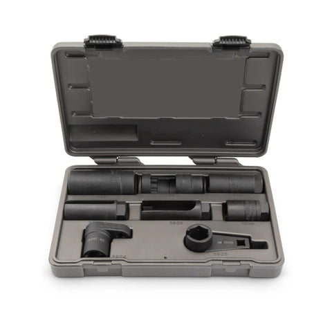 Pro Grade Sensor And Sending Socket Set For Oxygen Sensors And Vacuum Switches Three Eighths Drive Includes Seven Eighths Slotted Socket For O2 Units And Twenty Two Millimeter Sensor Uni Socket Eight Piece Kit in a case