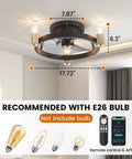 Black 18 Inch Flush Mount Ceiling Fan With Light For Bedroom, Quiet Small Ceiling Fan With Integrated Light, dimensions shown