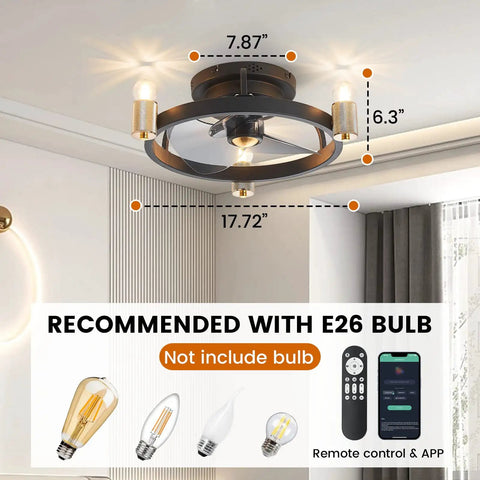Black 18 Inch Flush Mount Ceiling Fan With Light For Bedroom, Quiet Small Ceiling Fan With Integrated Light, dimensions shown