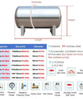 Badass 304 Stainless Steel Water Pressure Tank dimensions diagram detailing capacity, size, and accessories for well systems.