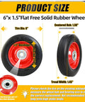 6 Inch By 1.5 Inch Flat Free Solid Rubber Tire And Wheel Assemblies Pack Of 2 Beefy Built Hand Truck Wheel Replacement With Ball Bearings One Half Inch Axle Bore One Point Three Eight Inch Centered Hub 176 Lbs Load Capacity highlighted product size and features.