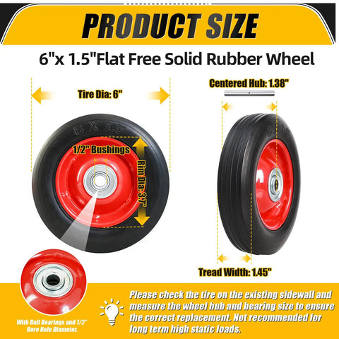 6 Inch By 1.5 Inch Flat Free Solid Rubber Tire And Wheel Assemblies Pack Of 2 Beefy Built Hand Truck Wheel Replacement With Ball Bearings One Half Inch Axle Bore One Point Three Eight Inch Centered Hub 176 Lbs Load Capacity highlighted product size and features.