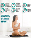 Grounding Mat For Feet And Desk Earthing Pad Kit For Sleep Better Rest Pain Relief with seated woman and wellness benefits