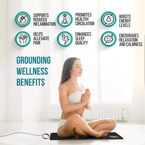 Grounding Mat For Feet And Desk Earthing Pad Kit For Sleep Better Rest Pain Relief with seated woman and wellness benefits