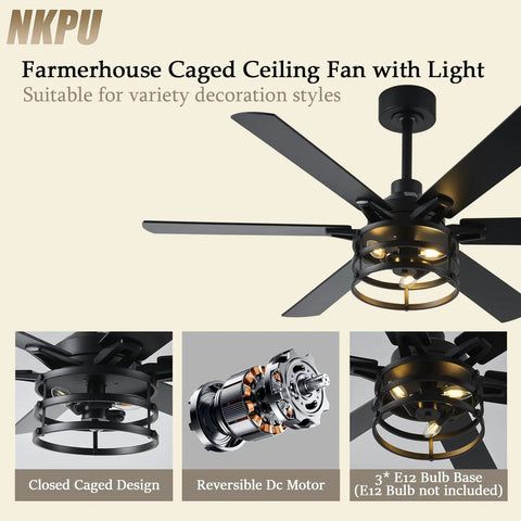 52 Inch Farmhouse Ceiling Fan With Light And Remote Black Industrial Caged Rustic Ceiling Fan With 6 Speed Reversible Motor