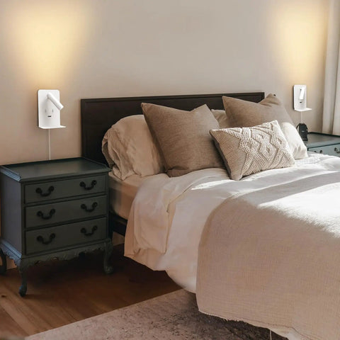 Bedroom showing plug in wall light for bedroom with two separate switches, LED reading light and chill night light, USB port bedside sconce