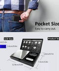 Digital Pocket Scale 500g With 0.01g Accuracy, showing pocket size convenience and detailed measurements on LCD and product size.