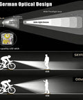 Diagram of Beefed Up 2500LM Bike Light showing German optical design and beam distance for night riding with Garmin and GoPro mounts.