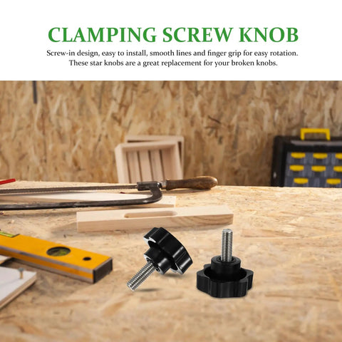 Four Pack Top Shelf M10X25MM Star Clamping Knobs With 38Mm Plastic Handles For Industrial Machinery And Tooling Applications Featuring No Sweat Quick Adjustments And Pro Grade Sweet Grip Design For Shop Ready Projects, displayed on a workshop table.