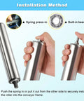 Installation guide for pack of seven flexible conveyor rollers crafted from galvanized steel tube. Demonstrating spring press-in method.