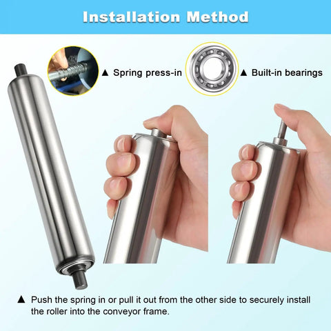 Installation guide for pack of seven flexible conveyor rollers crafted from galvanized steel tube. Demonstrating spring press-in method.