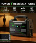 Ultra Lightweight Solar Generator 155Wh Kit With 30W Panel Portable Power Station With Dual 100W AC Outlets Peak 150W QC3 USB UL Certified For Home Blackouts Camping RV Trips, black unit on wooden table