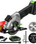 GALAX PRO 20V cordless mini circular saw with green accents, 4-1/2-in blade, laser guide, 2 blades, battery