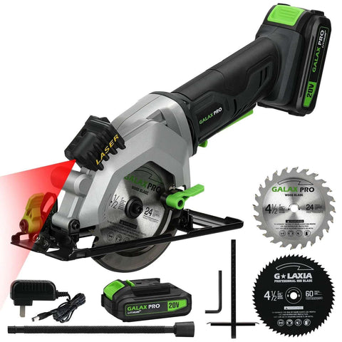 GALAX PRO 20V cordless mini circular saw with green accents, 4-1/2-in blade, laser guide, 2 blades, battery
