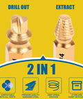 Close-up of 2-in-1 HSS 6542 screw extractor tips, drill and extractor, gold finish, 10 Pc HSS 6542 Screw Extractor Remover Kit For Stripped Rusty And Broken Hardware With Easy Removal Gold Finish A Killer Gift For Men Perfect For Dad Husband Or Any DIY Geek Who Loves Quick Repairs