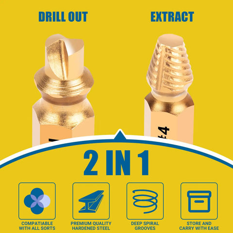 Close-up of 2-in-1 HSS 6542 screw extractor tips, drill and extractor, gold finish, 10 Pc HSS 6542 Screw Extractor Remover Kit For Stripped Rusty And Broken Hardware With Easy Removal Gold Finish A Killer Gift For Men Perfect For Dad Husband Or Any DIY Geek Who Loves Quick Repairs