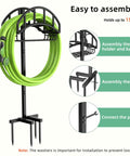 Upgraded Garden Hose Holder With Metal Reel And Detachable Tool Storage Basket, assembly instructions and features