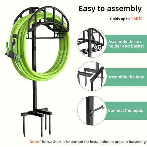 Upgraded Garden Hose Holder With Metal Reel And Detachable Tool Storage Basket, assembly instructions and features