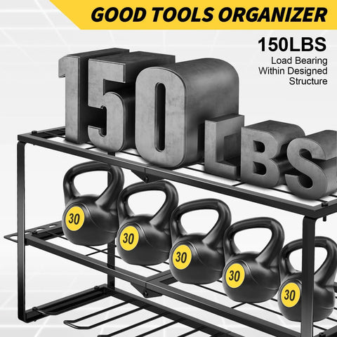 Metal rack showcasing "150 LBS" weight capacity and kettlebells, emphasizing storage strength and efficiency.