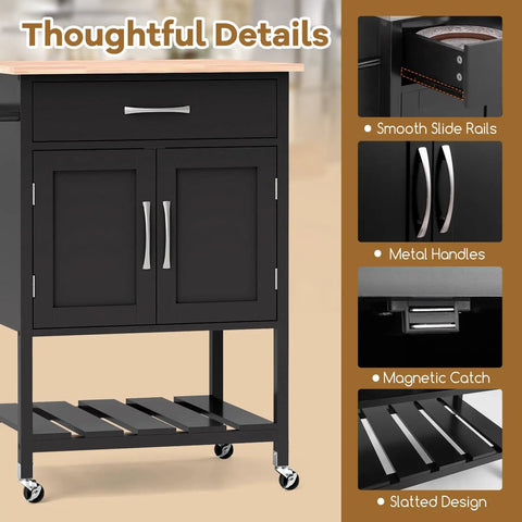 Real Deal Rubberwood Kitchen Island Cart On Wheels With Heavy Duty Casters And Wide Drawer Designed As A Versatile Coffee Bar Or Utility Stand That Brings Casual Vibes To Your Room Without Any Fuss In Classic Black