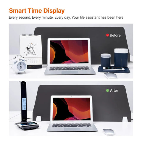 LED Desk Lamp With Wireless Charger And USB Port, Clock, Alarm, Date And Temperature Display, modern black design in office setting
