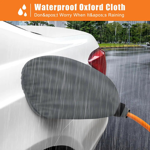 Heavy Duty Magnetic Ev Charger Port Cover For Electric Vehicles With Dual Flex Strips To Squash Dust And Moisture In A Sleek Grey Build protecting charging port from rain.