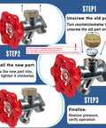 All In One Universal Outdoor Faucet Repair Kit With Teflon Tape Vacuum Breaker Replacement Anti Siphon Frost Free Hose Bib Sillcock Valve One Pack DIY Friendly Easy Install For Leaks And Low Water Flow installation steps illustration.
