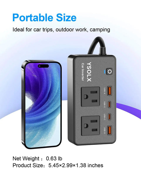 300W Portable Car Power Inverter With Four USB C And USB A 24W Ports And Dual 110V AC Outlets next to a smartphone