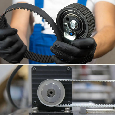 28.5 Inch Pitch Timing Belt 0.5 Inch Wide 0.18 Inch Thick With 76 Teeth, shown during installation in machinery